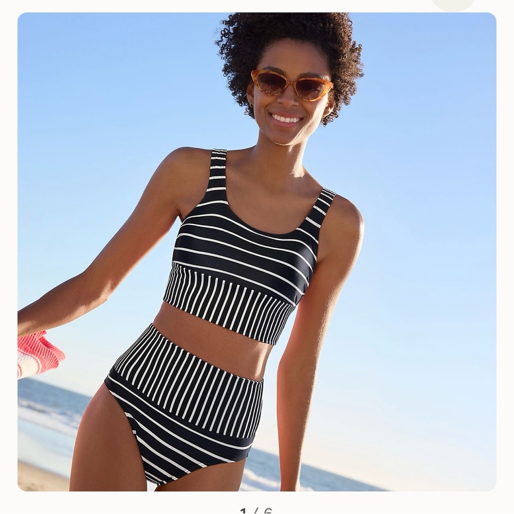 Lands' End Black and White Striped One Piece Swimsuit